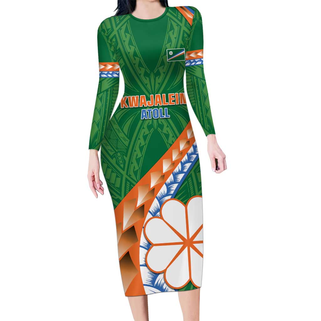 Personalised Marshall Islands Kwajalein Atoll Family Matching Long Sleeve Bodycon Dress and Hawaiian Shirt Polynesian Tribal Tattoo LT05 Mom's Dress Green - Polynesian Pride