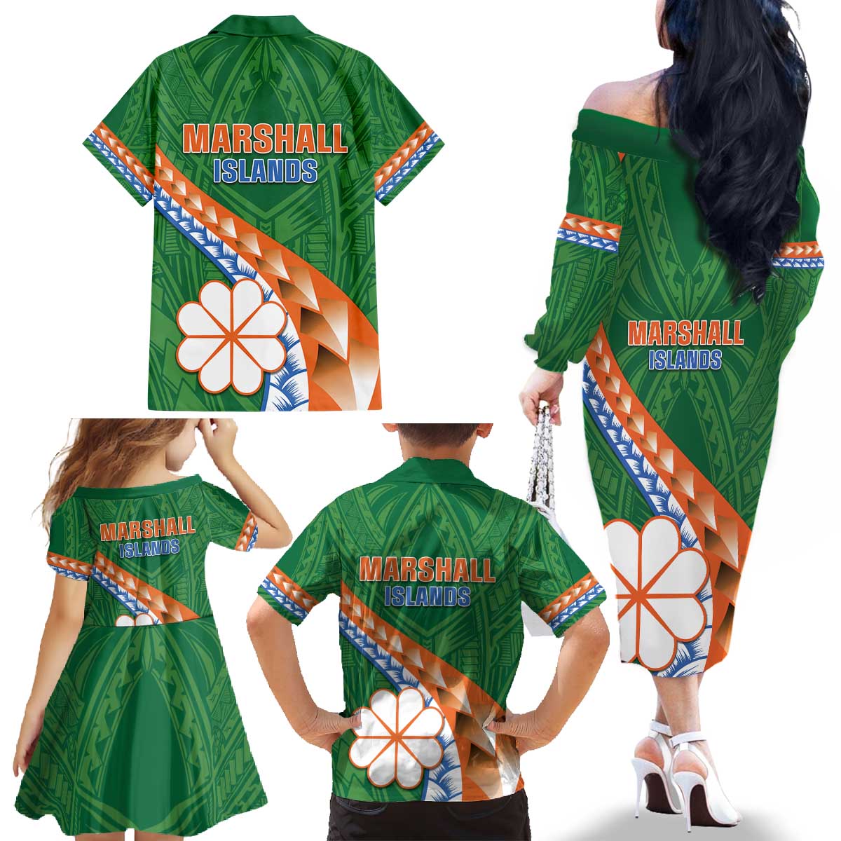 Personalised Marshall Islands Kwajalein Atoll Family Matching Off The Shoulder Long Sleeve Dress and Hawaiian Shirt Polynesian Tribal Tattoo LT05 - Polynesian Pride