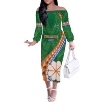 Personalised Marshall Islands Kwajalein Atoll Family Matching Off The Shoulder Long Sleeve Dress and Hawaiian Shirt Polynesian Tribal Tattoo LT05 Mom's Dress Green - Polynesian Pride