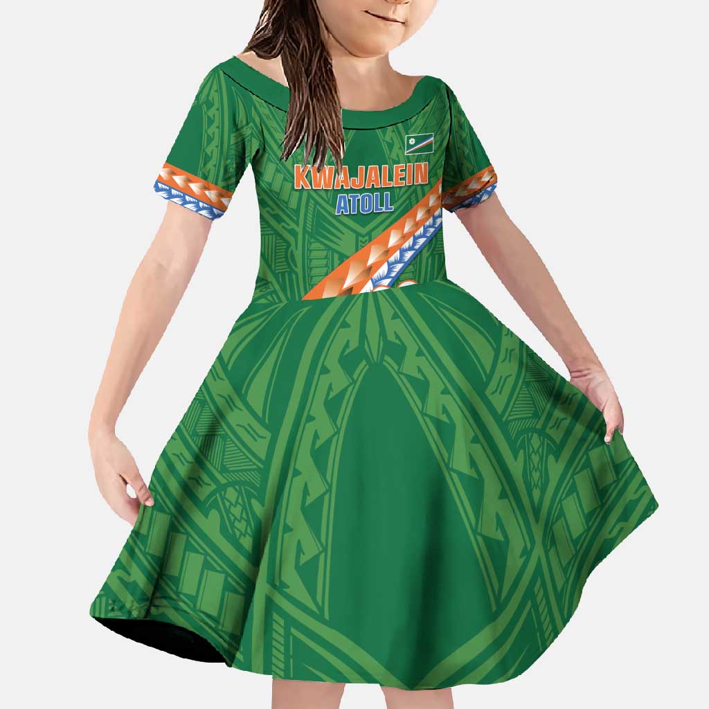 Personalised Marshall Islands Kwajalein Atoll Family Matching Off Shoulder Maxi Dress and Hawaiian Shirt Polynesian Tribal Tattoo LT05 Daughter's Dress Green - Polynesian Pride