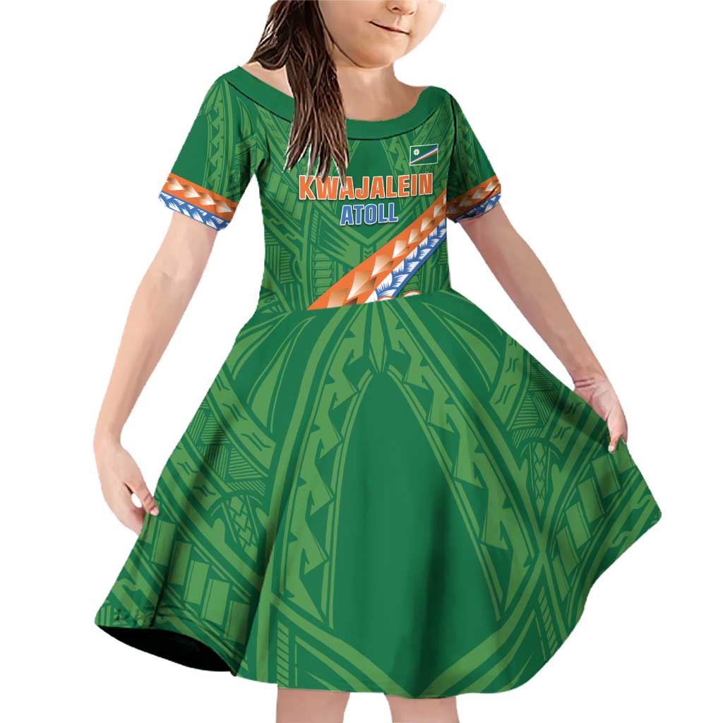 Personalised Marshall Islands Kwajalein Atoll Family Matching Off Shoulder Short Dress and Hawaiian Shirt Polynesian Tribal Tattoo LT05 Daughter's Dress Green - Polynesian Pride