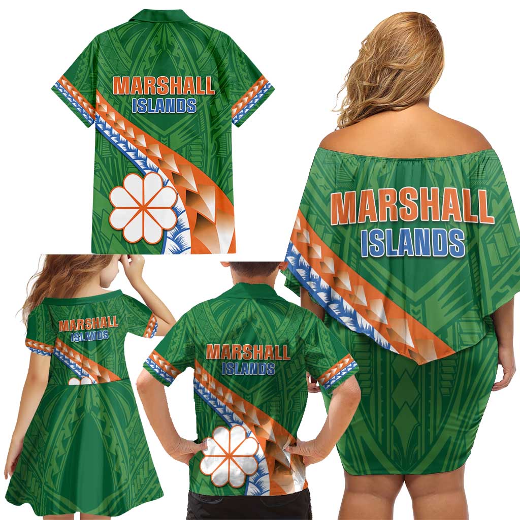 Personalised Marshall Islands Kwajalein Atoll Family Matching Off Shoulder Short Dress and Hawaiian Shirt Polynesian Tribal Tattoo LT05 - Polynesian Pride