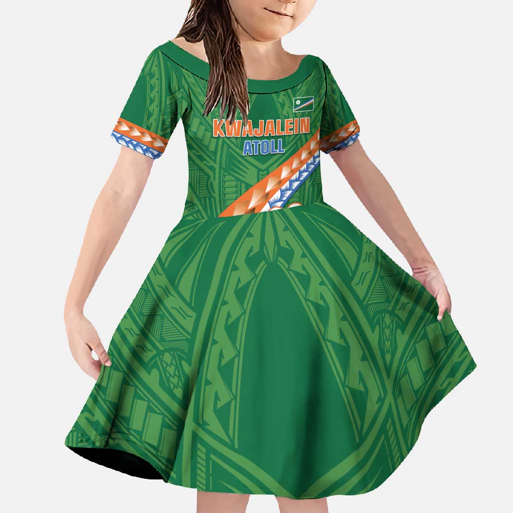 Personalised Marshall Islands Kwajalein Atoll Family Matching Short Sleeve Bodycon Dress and Hawaiian Shirt Polynesian Tribal Tattoo LT05 Daughter's Dress Green - Polynesian Pride