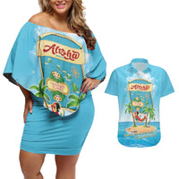 Aloha Hawaii Couples Matching Off Shoulder Short Dress and Hawaiian Shirt Funny Macaw Parrot Tropical Vibe