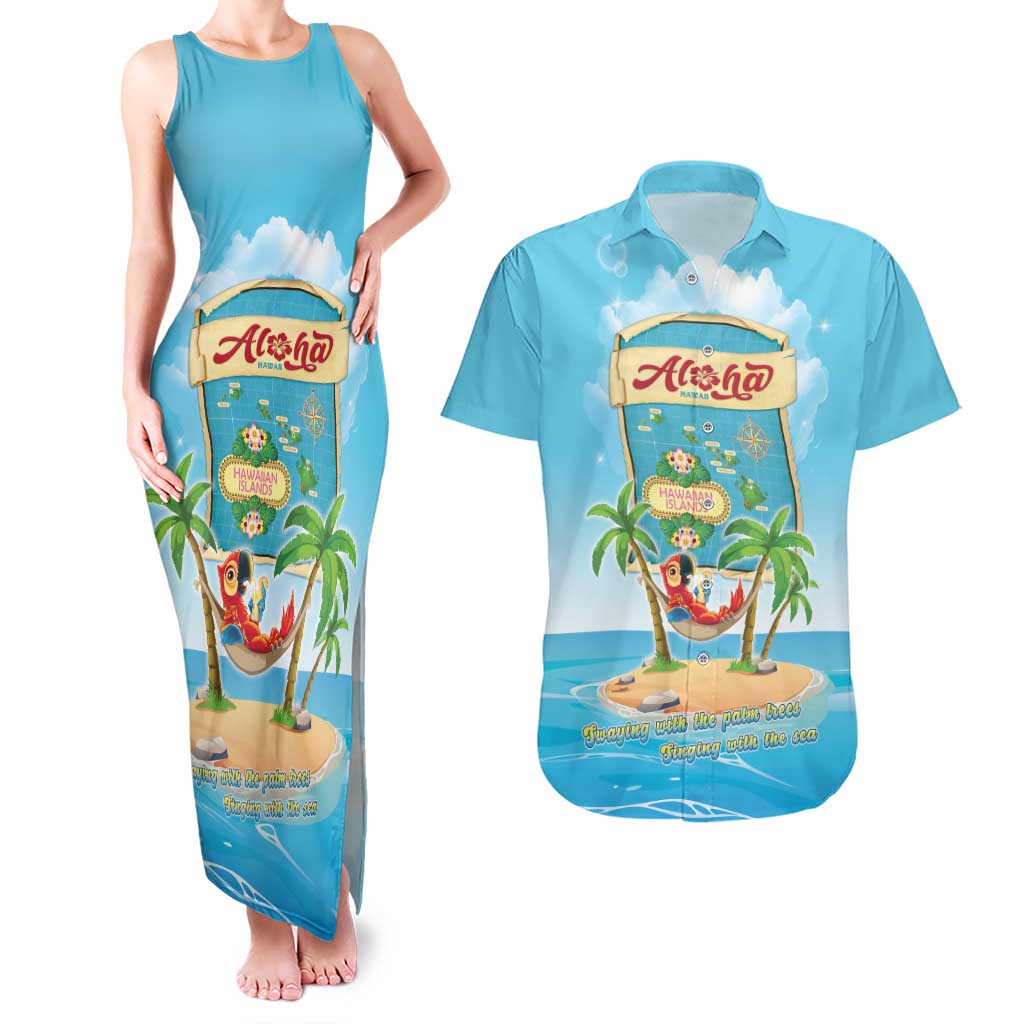 Aloha Hawaii Couples Matching Tank Maxi Dress and Hawaiian Shirt Funny Macaw Parrot Tropical Vibe