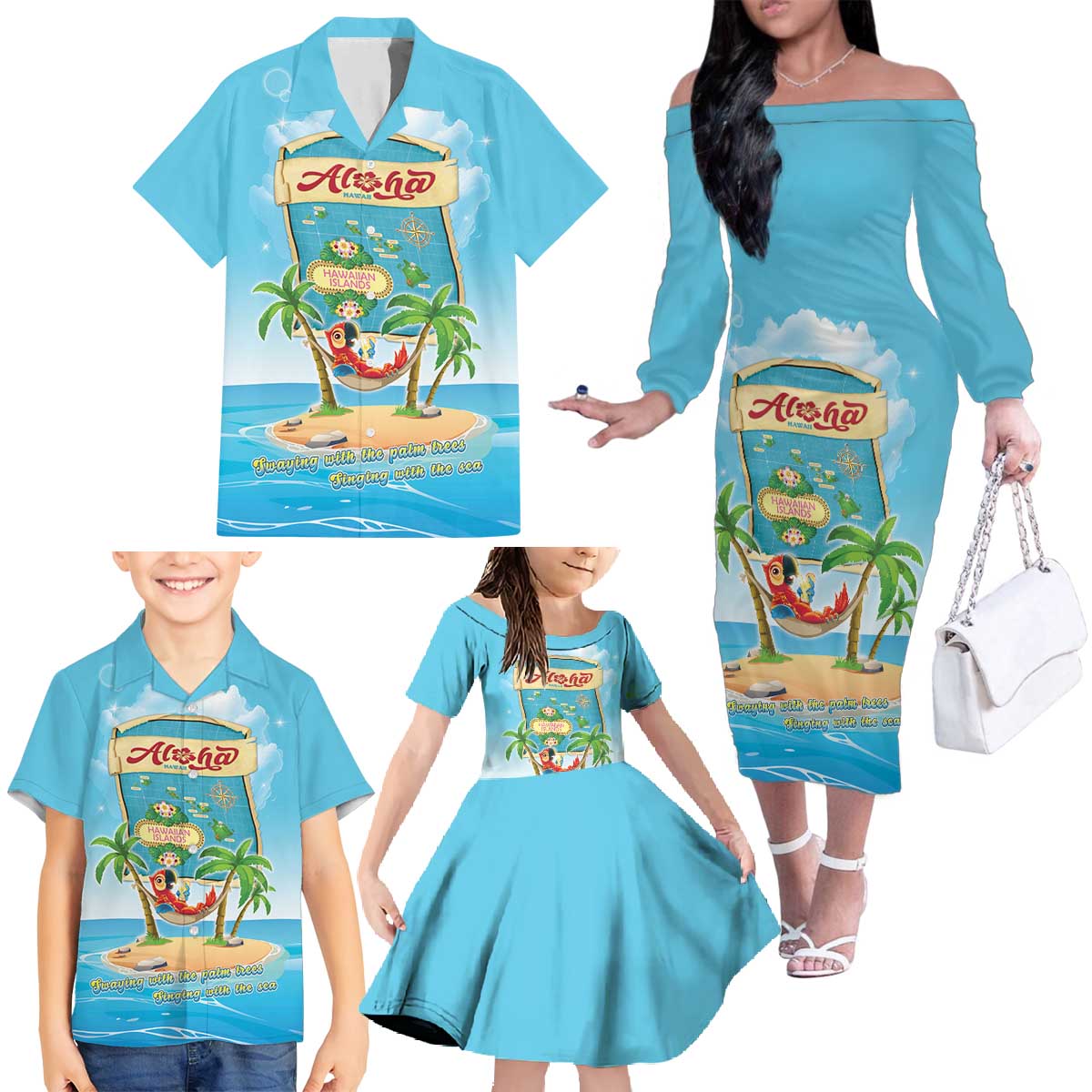 Aloha Hawaii Family Matching Off The Shoulder Long Sleeve Dress and Hawaiian Shirt Funny Macaw Parrot Tropical Vibe LT05 - Polynesian Pride