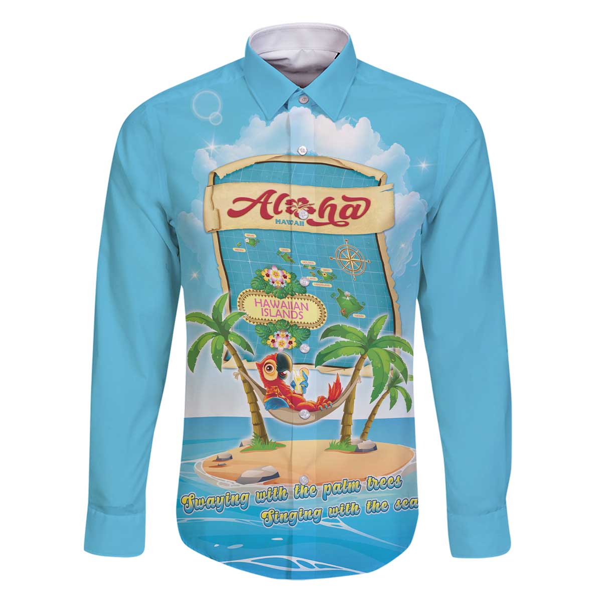 Aloha Hawaii Family Matching Off The Shoulder Long Sleeve Dress and Hawaiian Shirt Funny Macaw Parrot Tropical Vibe LT05 Dad's Shirt - Long Sleeve Blue - Polynesian Pride