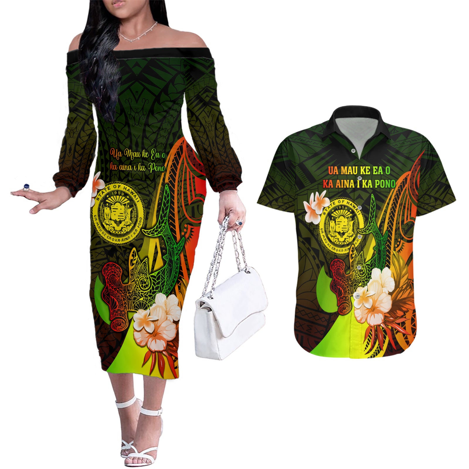 Personalised Hawaii State Motto Couples Matching Off The Shoulder Long Sleeve Dress and Hawaiian Shirt Hawaiian Tribal Reggae Hammerhead Shark LT05 Reggae - Polynesian Pride