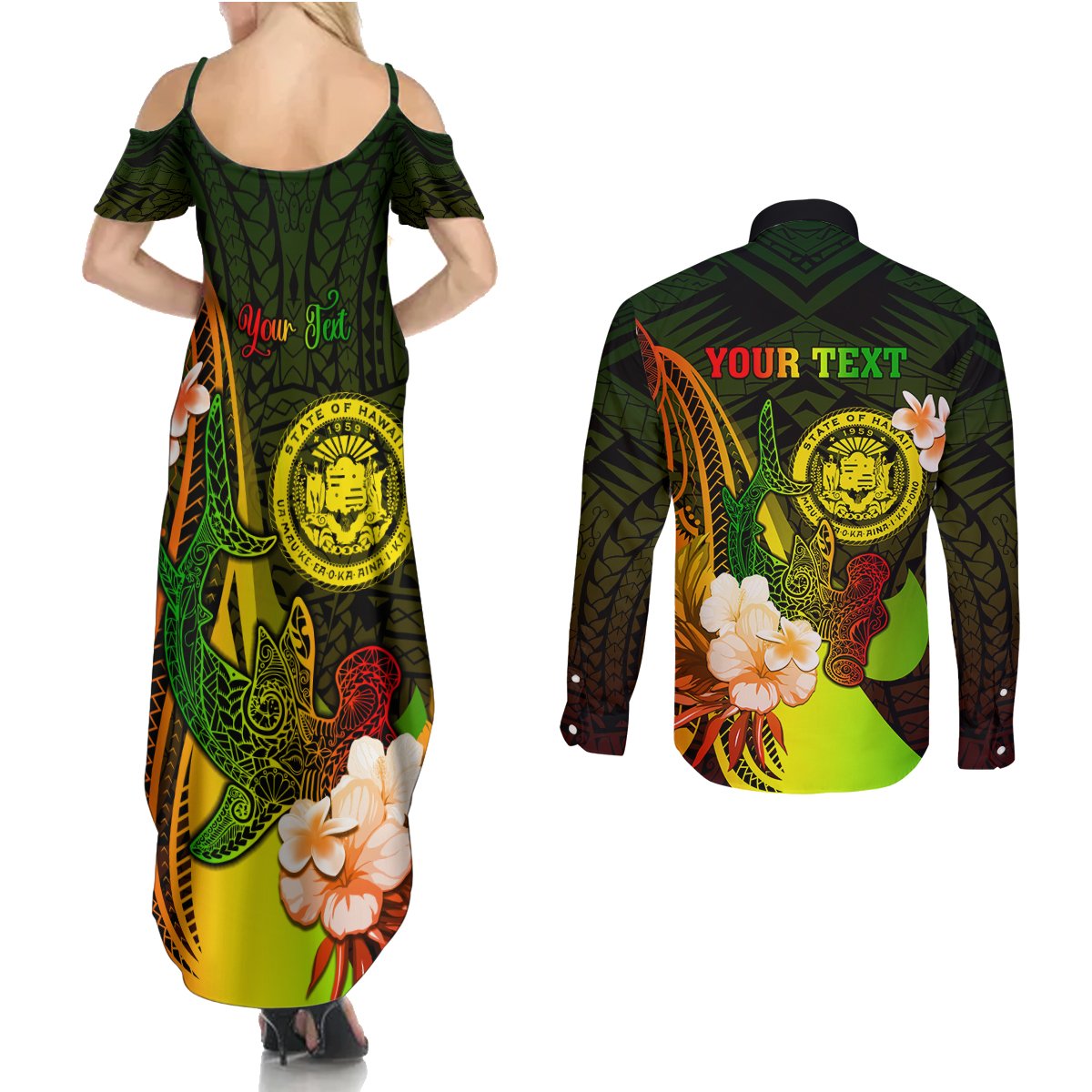 Personalised Hawaii State Motto Couples Matching Summer Maxi Dress and Long Sleeve Button Shirt Hawaiian Tribal Reggae Hammerhead Shark LT05 - Polynesian Pride
