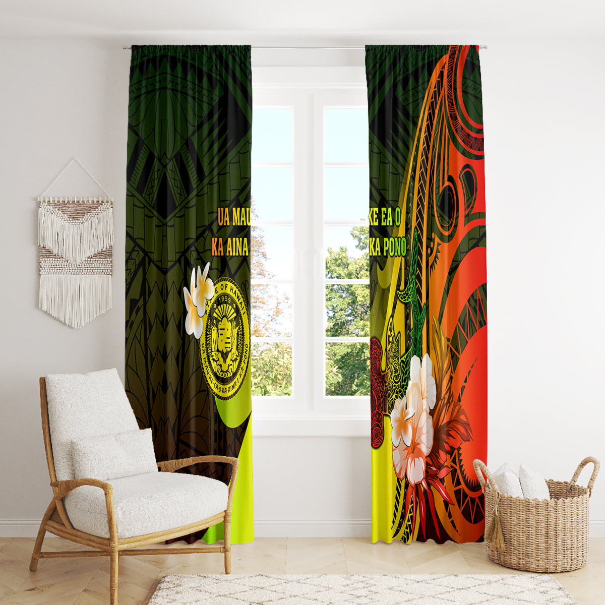 Hawaii State Motto Window Curtain Hawaiian Tribal Reggae Hammerhead Shark LT05 - Polynesian Pride