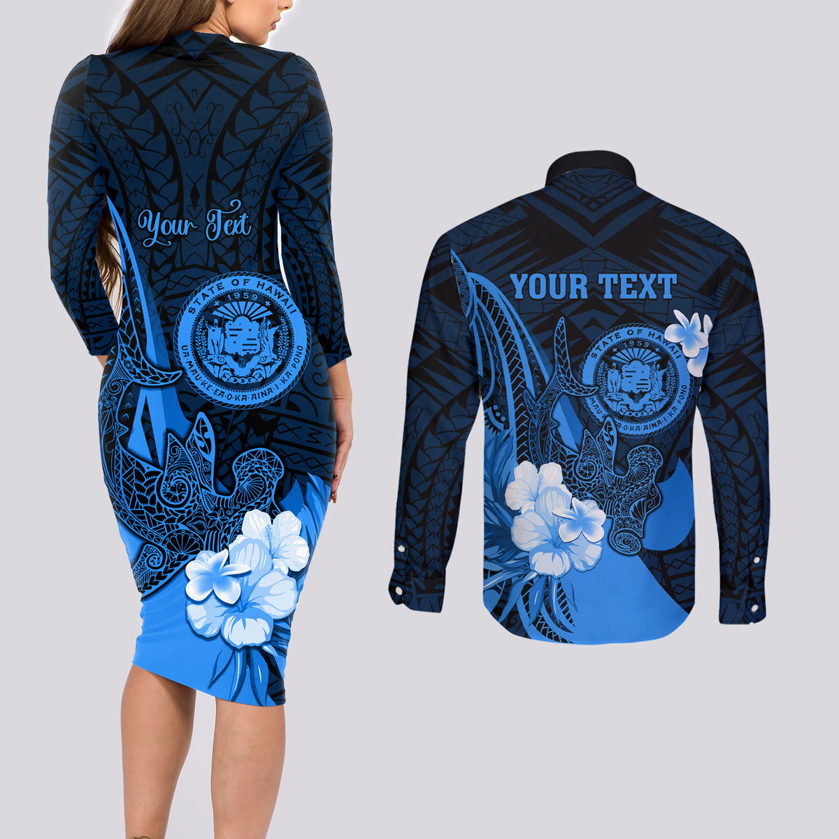 Personalised Hawaii State Motto Couples Matching Long Sleeve Bodycon Dress and Long Sleeve Button Shirt Hawaiian Tribal Blue Hammerhead Shark LT05 - Polynesian Pride