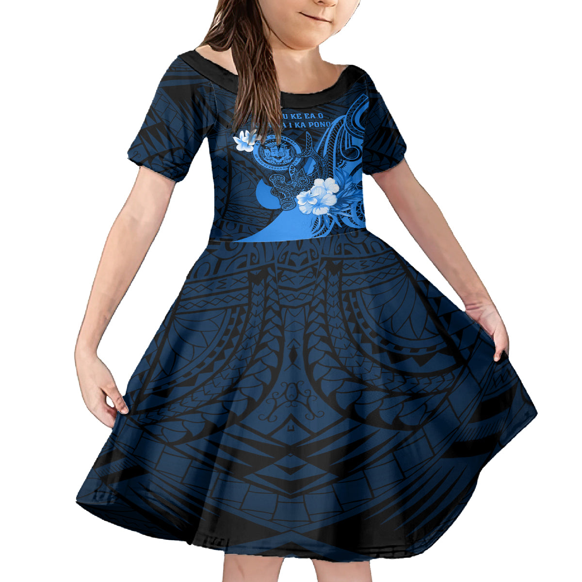 Personalised Hawaii State Motto Family Matching Long Sleeve Bodycon Dress and Hawaiian Shirt Hawaiian Tribal Blue Hammerhead Shark LT05 Daughter's Dress Blue - Polynesian Pride
