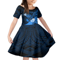 Personalised Hawaii State Motto Family Matching Off Shoulder Maxi Dress and Hawaiian Shirt Hawaiian Tribal Blue Hammerhead Shark LT05 Daughter's Dress Blue - Polynesian Pride