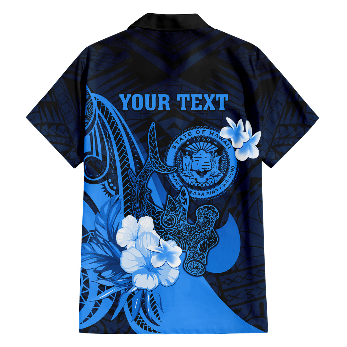 Personalised Hawaii State Motto Family Matching Puletasi and Hawaiian Shirt Hawaiian Tribal Blue Hammerhead Shark LT05 - Polynesian Pride