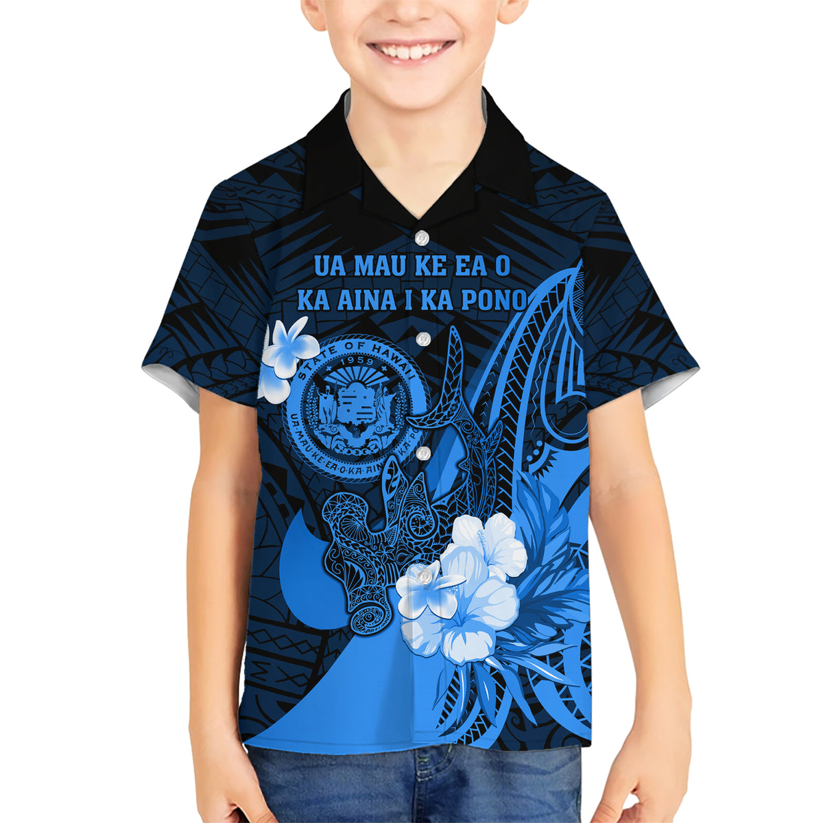 Personalised Hawaii State Motto Family Matching Short Sleeve Bodycon Dress and Hawaiian Shirt Hawaiian Tribal Blue Hammerhead Shark LT05 Son's Shirt Blue - Polynesian Pride