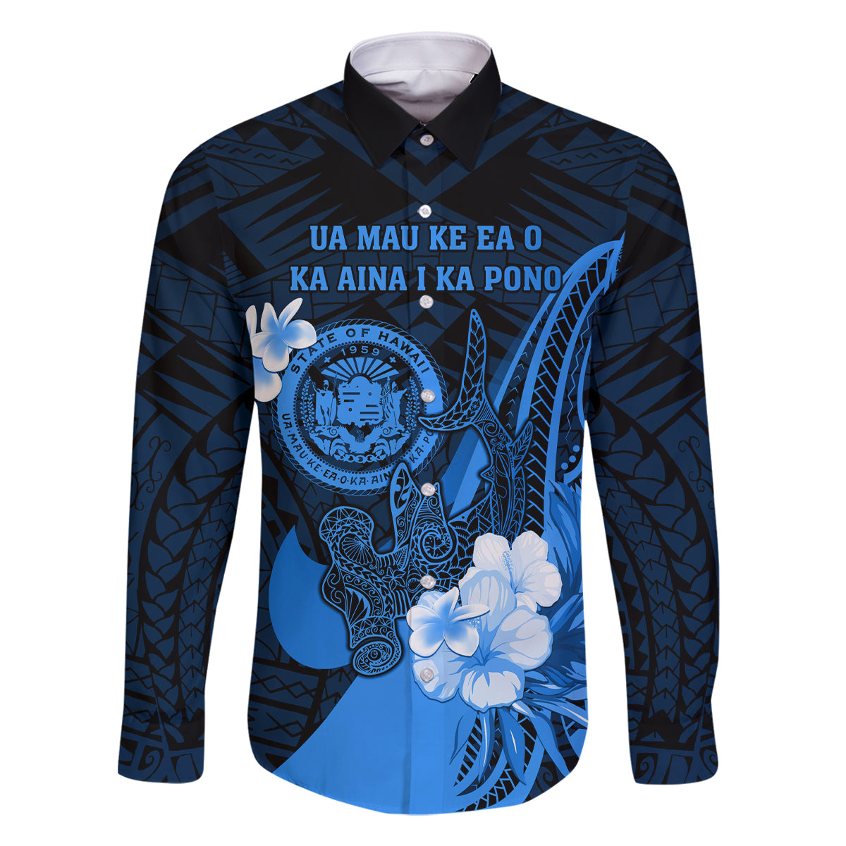Personalised Hawaii State Motto Family Matching Summer Maxi Dress and Hawaiian Shirt Hawaiian Tribal Blue Hammerhead Shark LT05 Dad's Shirt - Long Sleeve Blue - Polynesian Pride