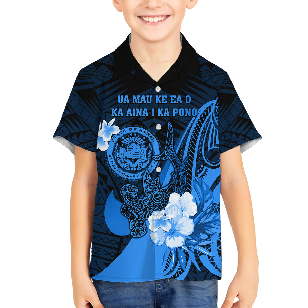 Personalised Hawaii State Motto Family Matching Tank Maxi Dress and Hawaiian Shirt Hawaiian Tribal Blue Hammerhead Shark LT05 Son's Shirt Blue - Polynesian Pride