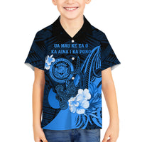 Personalised Hawaii State Motto Family Matching Tank Maxi Dress and Hawaiian Shirt Hawaiian Tribal Blue Hammerhead Shark LT05 Son's Shirt Blue - Polynesian Pride