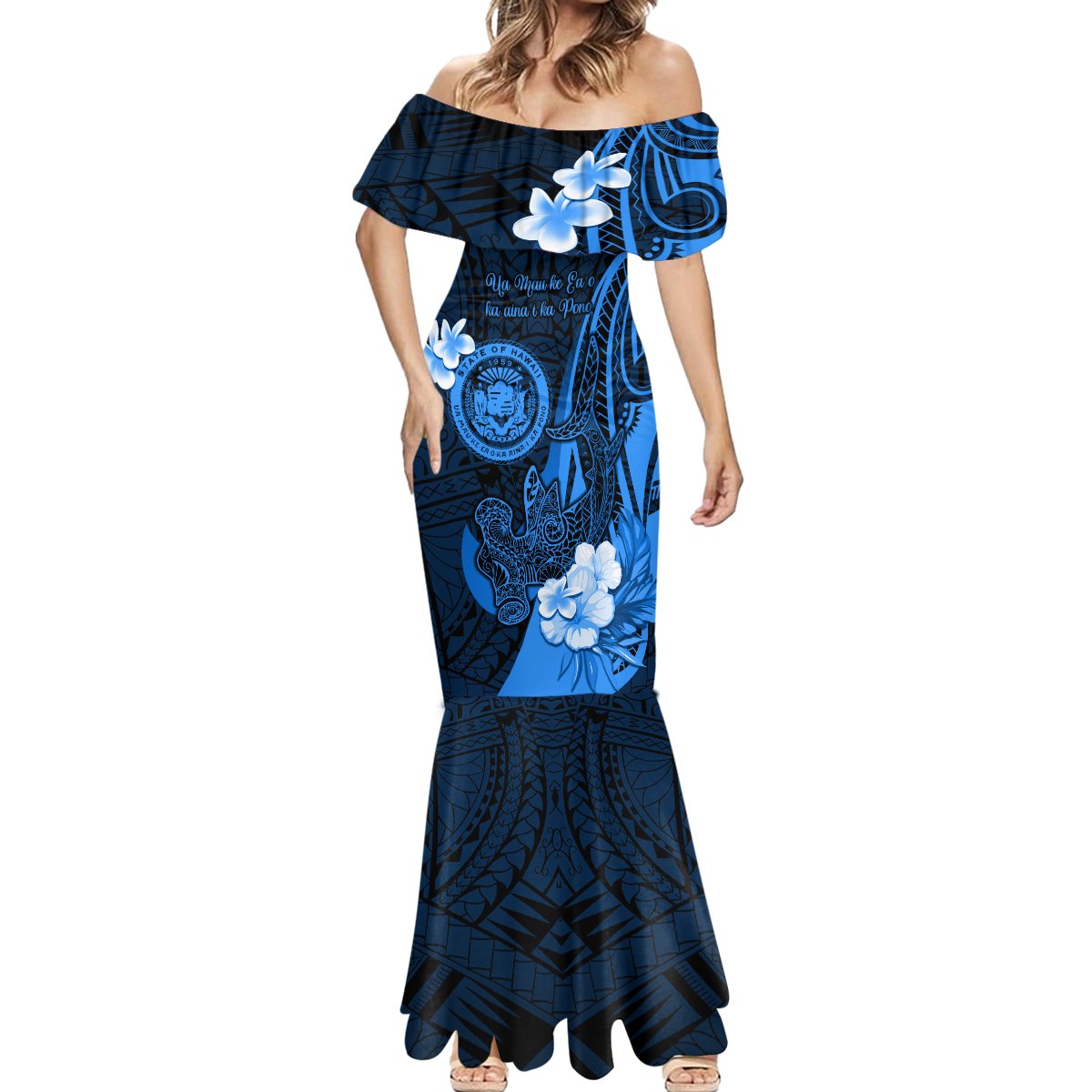 Personalised Hawaii State Motto Mermaid Dress Hawaiian Tribal Blue Hammerhead Shark LT05 - Polynesian Pride