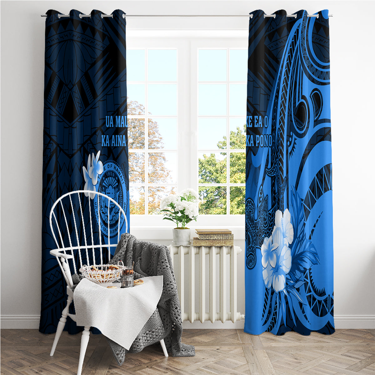 Hawaii State Motto Window Curtain Hawaiian Tribal Blue Hammerhead Shark LT05 - Polynesian Pride