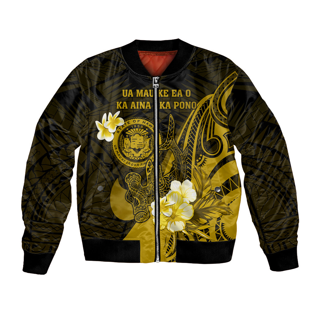 Personalised Hawaii State Motto Bomber Jacket Hawaiian Tribal Gold Hammerhead Shark LT05 Unisex Gold - Polynesian Pride