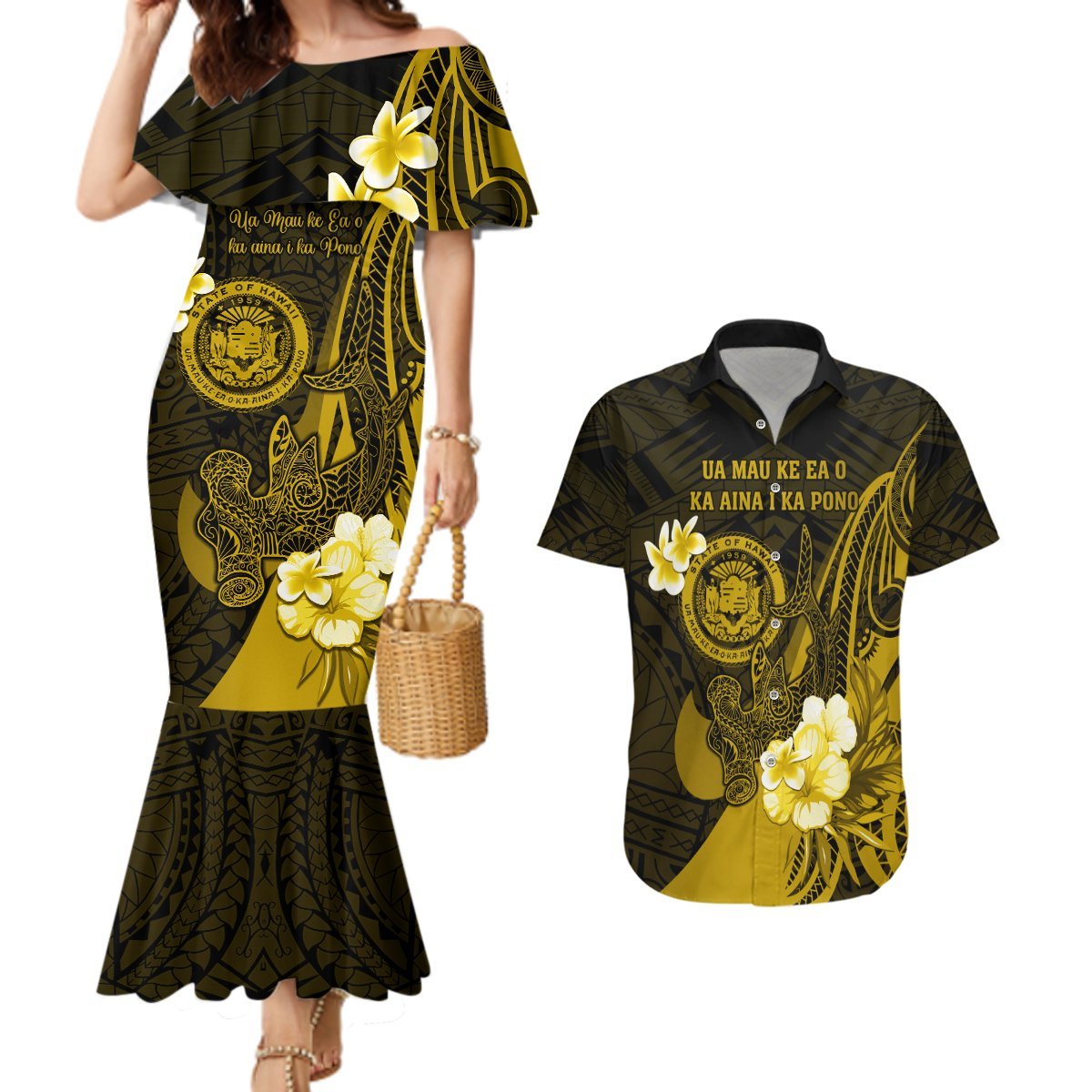 Personalised Hawaii State Motto Couples Matching Mermaid Dress and Hawaiian Shirt Hawaiian Tribal Gold Hammerhead Shark LT05 Gold - Polynesian Pride