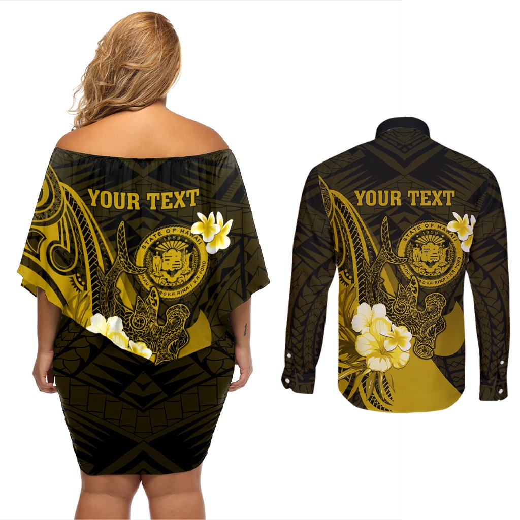 Personalised Hawaii State Motto Couples Matching Off Shoulder Short Dress and Long Sleeve Button Shirt Hawaiian Tribal Gold Hammerhead Shark LT05 - Polynesian Pride