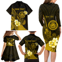 Personalised Hawaii State Motto Family Matching Long Sleeve Bodycon Dress and Hawaiian Shirt Hawaiian Tribal Gold Hammerhead Shark LT05 - Polynesian Pride