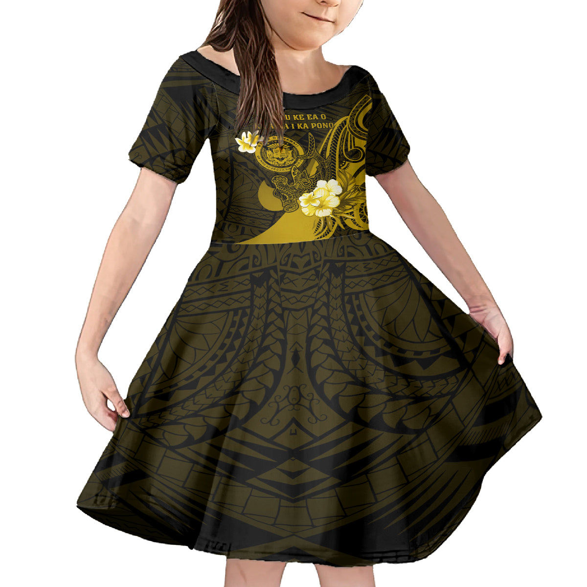 Personalised Hawaii State Motto Family Matching Off Shoulder Long Sleeve Dress and Hawaiian Shirt Hawaiian Tribal Gold Hammerhead Shark LT05 Daughter's Dress Gold - Polynesian Pride
