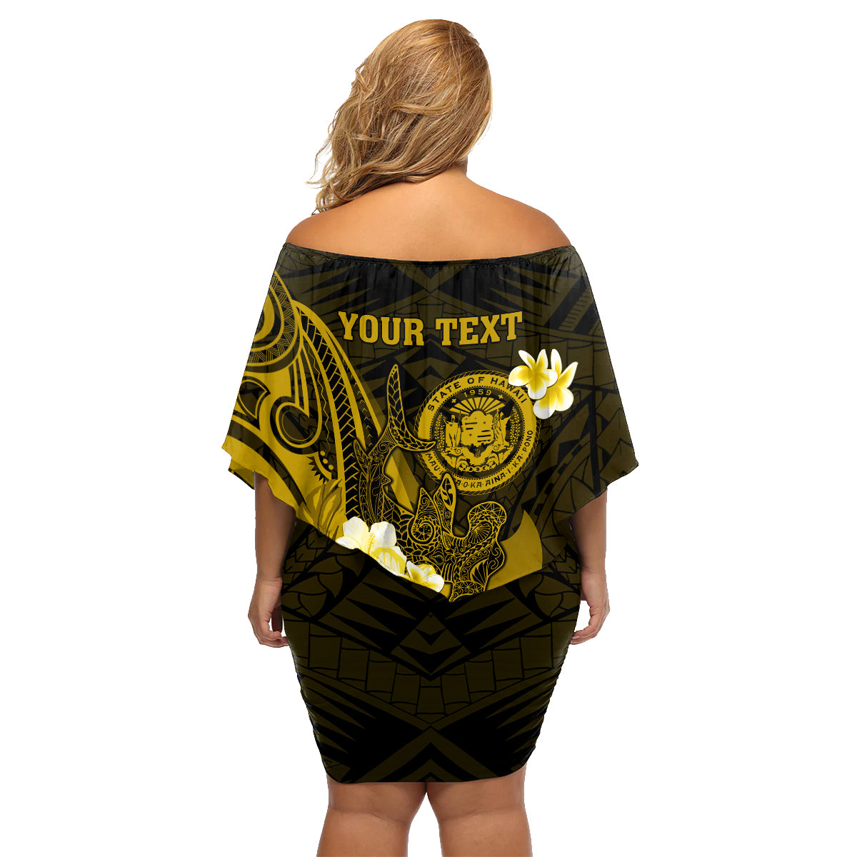 Personalised Hawaii State Motto Family Matching Off Shoulder Short Dress and Hawaiian Shirt Hawaiian Tribal Gold Hammerhead Shark LT05 - Polynesian Pride