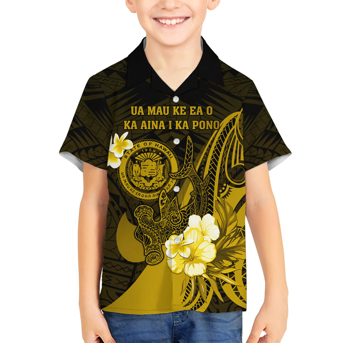 Personalised Hawaii State Motto Family Matching Off Shoulder Short Dress and Hawaiian Shirt Hawaiian Tribal Gold Hammerhead Shark LT05 Son's Shirt Gold - Polynesian Pride