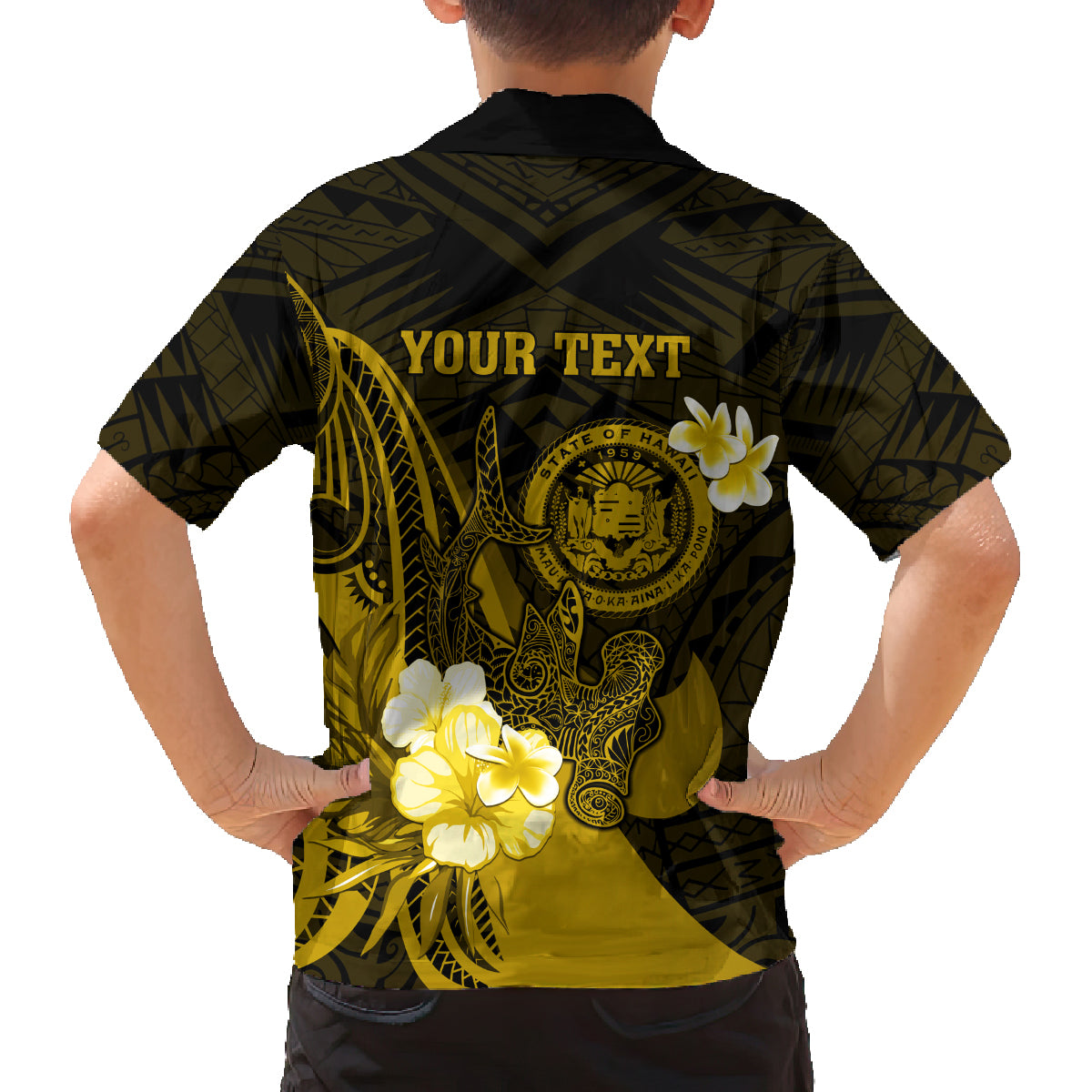 Personalised Hawaii State Motto Family Matching Tank Maxi Dress and Hawaiian Shirt Hawaiian Tribal Gold Hammerhead Shark LT05 - Polynesian Pride