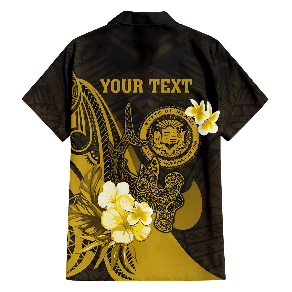 Personalised Hawaii State Motto Family Matching Tank Maxi Dress and Hawaiian Shirt Hawaiian Tribal Gold Hammerhead Shark LT05 - Polynesian Pride