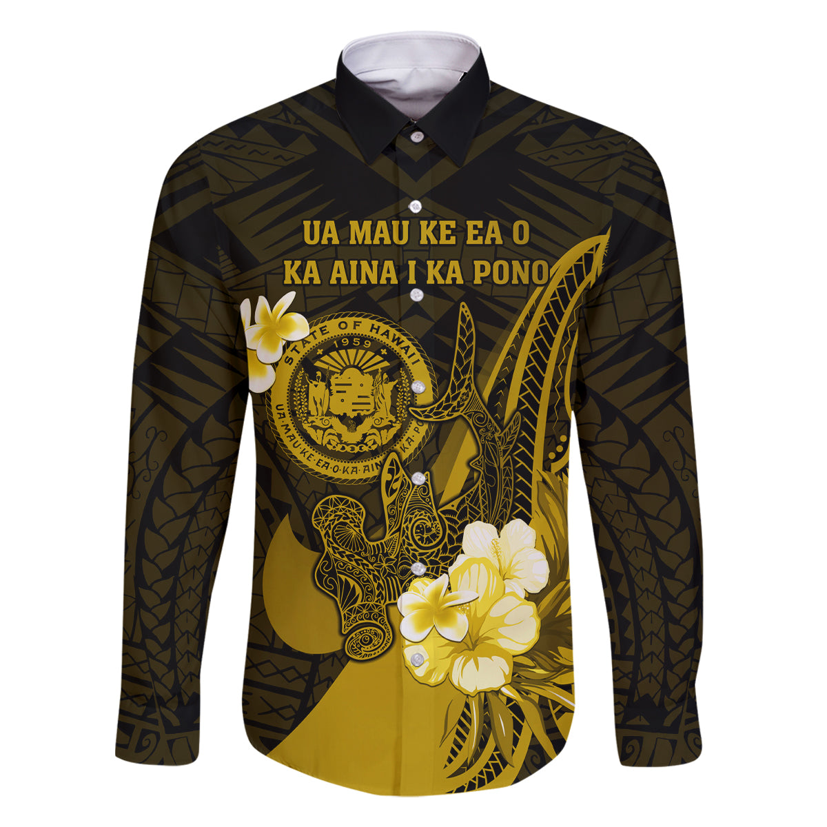 Personalised Hawaii State Motto Family Matching Tank Maxi Dress and Hawaiian Shirt Hawaiian Tribal Gold Hammerhead Shark LT05 Dad's Shirt - Long Sleeve Gold - Polynesian Pride