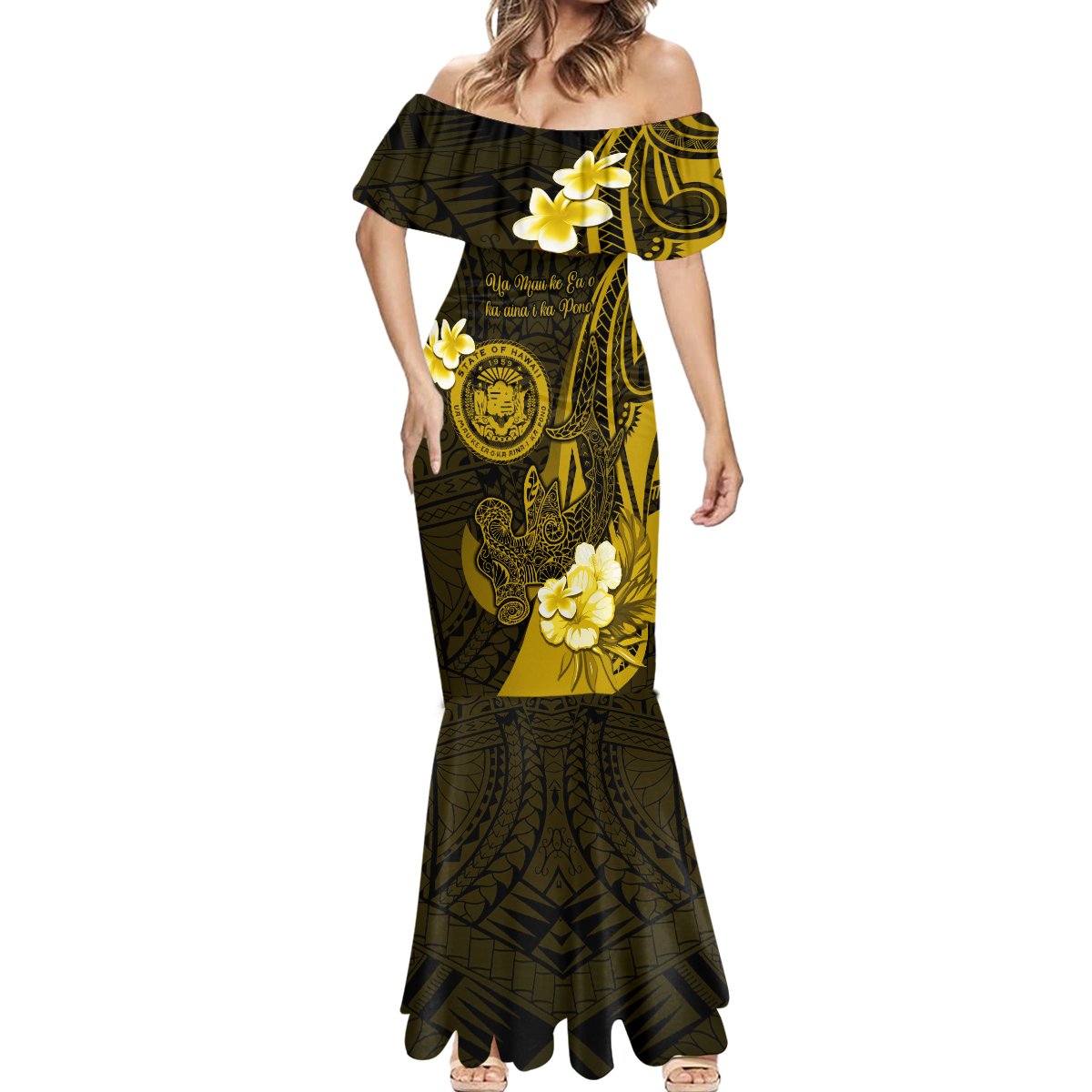 Personalised Hawaii State Motto Mermaid Dress Hawaiian Tribal Gold Hammerhead Shark LT05 - Polynesian Pride