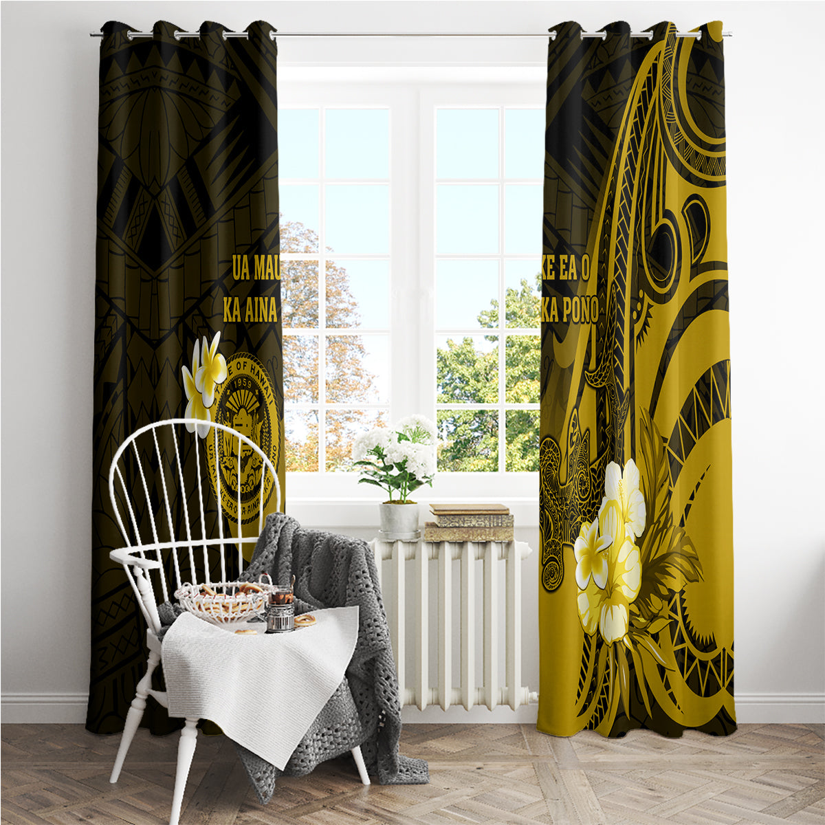 Hawaii State Motto Window Curtain Hawaiian Tribal Gold Hammerhead Shark LT05 - Polynesian Pride