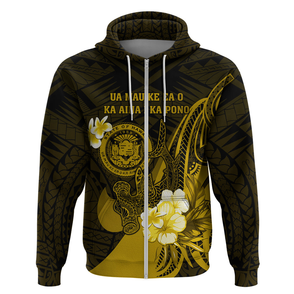 Personalised Hawaii State Motto Zip Hoodie Hawaiian Tribal Gold Hammerhead Shark LT05 Zip Hoodie Gold - Polynesian Pride