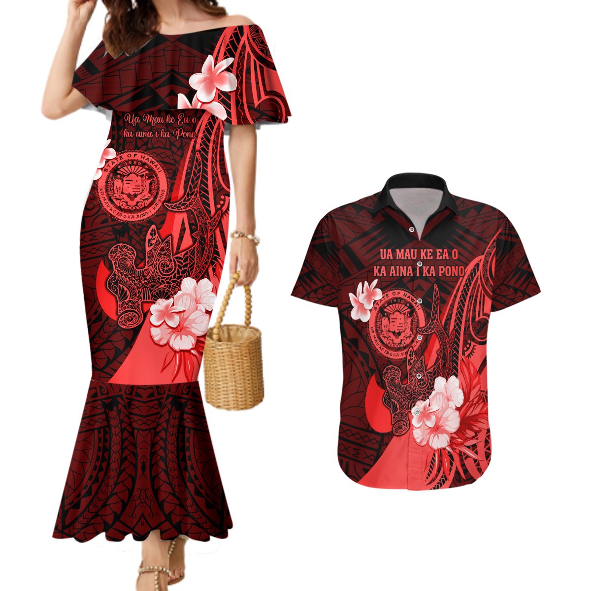 Personalised Hawaii State Motto Couples Matching Mermaid Dress and Hawaiian Shirt Hawaiian Tribal Red Hammerhead Shark LT05 Red - Polynesian Pride