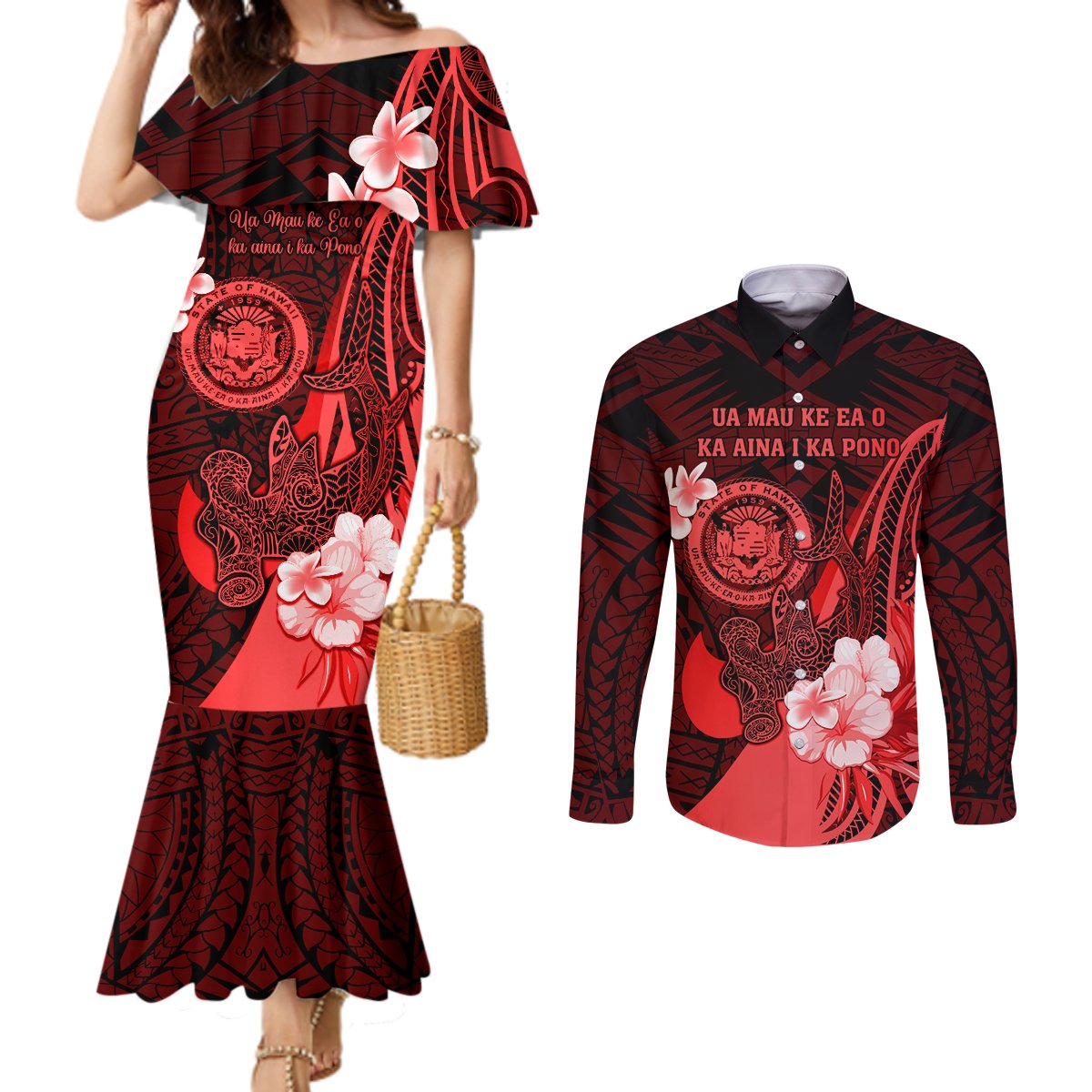 Personalised Hawaii State Motto Couples Matching Mermaid Dress and Long Sleeve Button Shirt Hawaiian Tribal Red Hammerhead Shark LT05 Red - Polynesian Pride