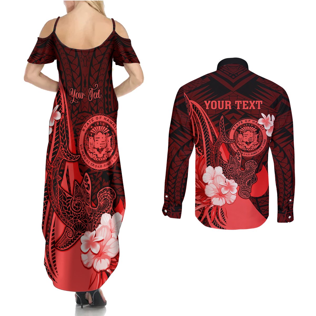 Personalised Hawaii State Motto Couples Matching Summer Maxi Dress and Long Sleeve Button Shirt Hawaiian Tribal Red Hammerhead Shark LT05 - Polynesian Pride