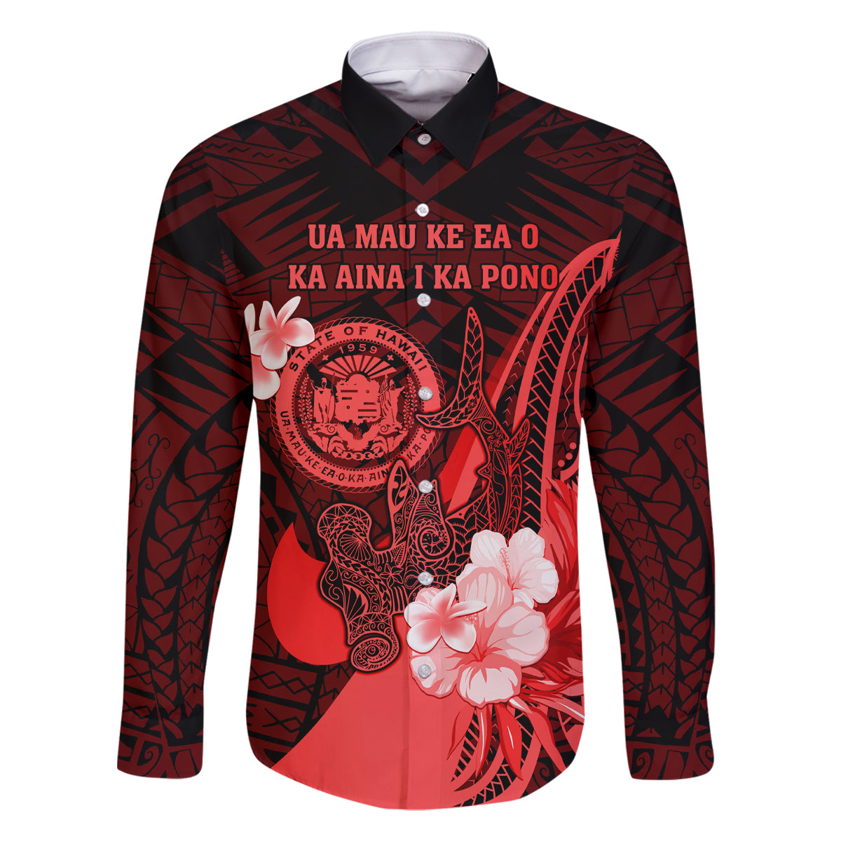 Personalised Hawaii State Motto Family Matching Mermaid Dress and Hawaiian Shirt Hawaiian Tribal Red Hammerhead Shark LT05 Dad's Shirt - Long Sleeve Red - Polynesian Pride