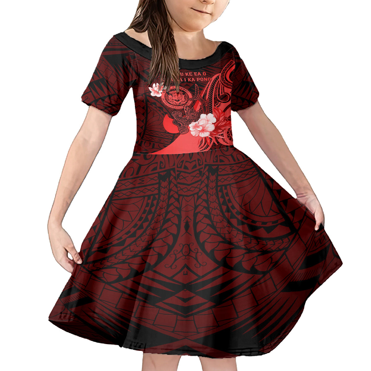 Personalised Hawaii State Motto Family Matching Off Shoulder Long Sleeve Dress and Hawaiian Shirt Hawaiian Tribal Red Hammerhead Shark LT05 Daughter's Dress Red - Polynesian Pride