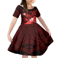 Personalised Hawaii State Motto Family Matching Off Shoulder Maxi Dress and Hawaiian Shirt Hawaiian Tribal Red Hammerhead Shark LT05 Daughter's Dress Red - Polynesian Pride