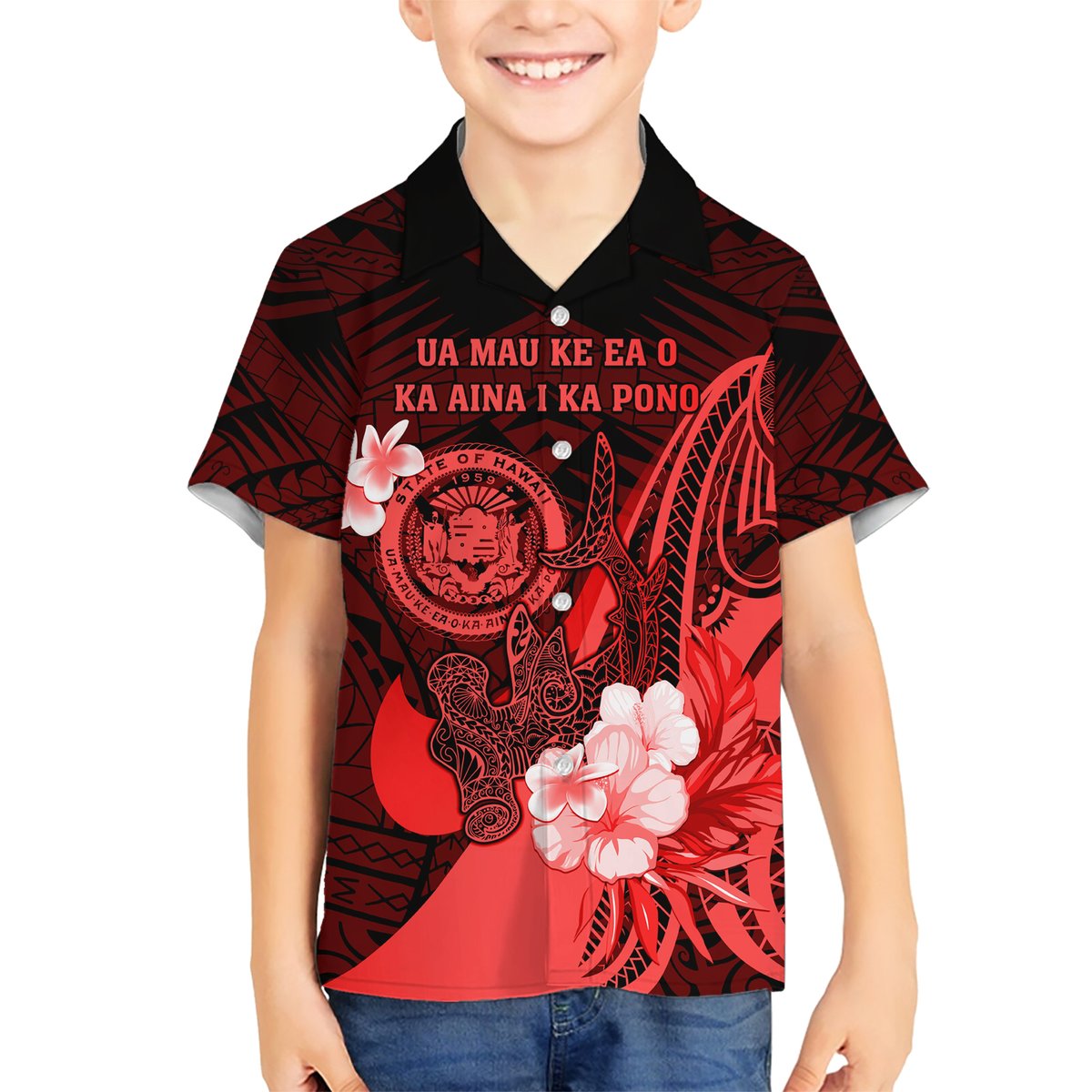 Personalised Hawaii State Motto Hawaiian Shirt Hawaiian Tribal Red Hammerhead Shark LT05 - Polynesian Pride