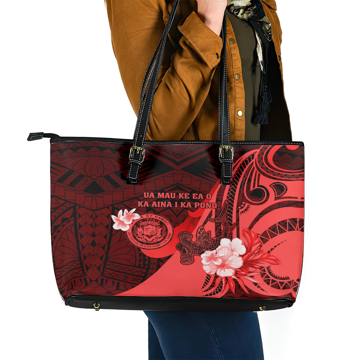 Hawaii State Motto Leather Tote Bag Hawaiian Tribal Red Hammerhead Shark LT05 - Polynesian Pride
