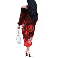 Personalised Hawaii State Motto Off The Shoulder Long Sleeve Dress Hawaiian Tribal Red Hammerhead Shark LT05 - Polynesian Pride