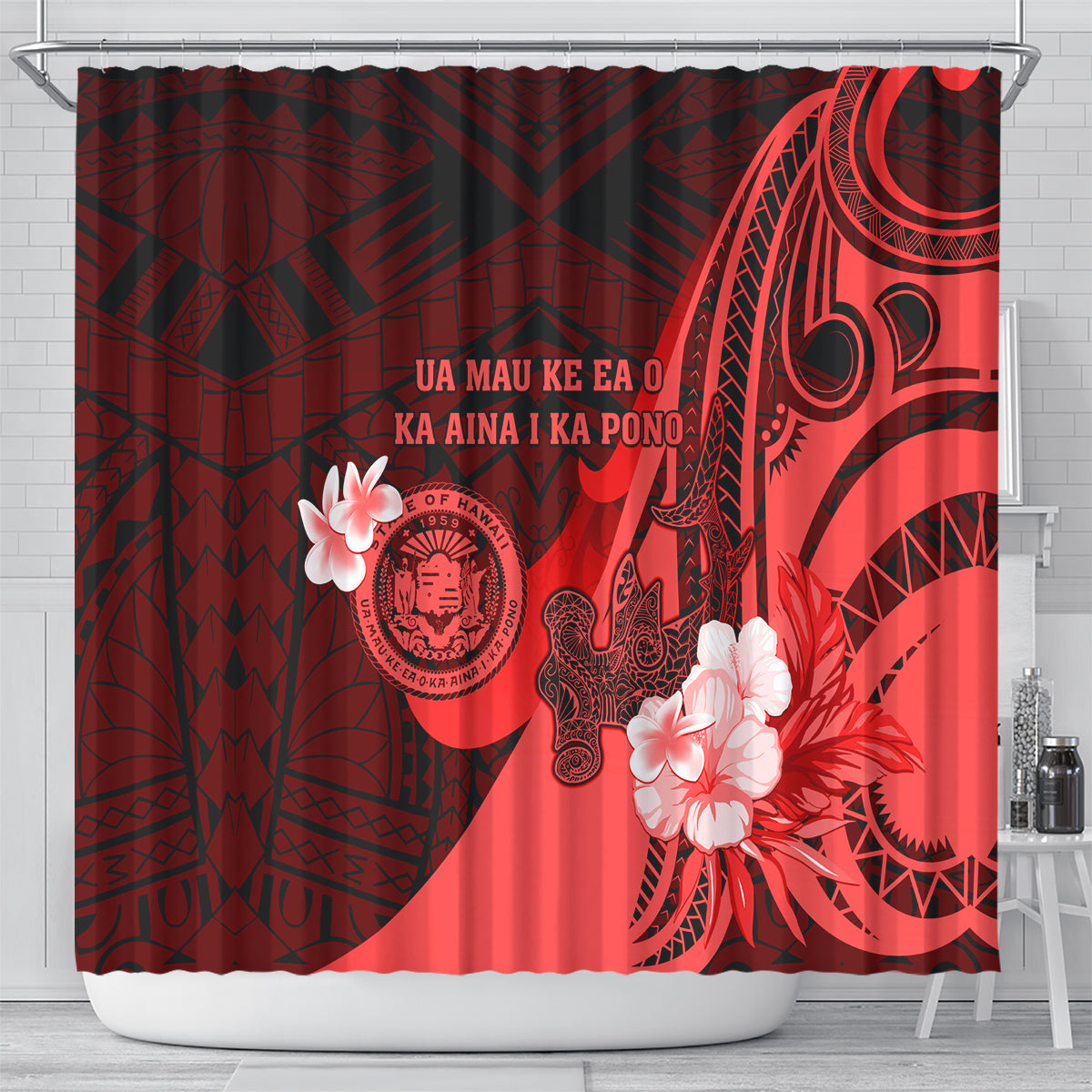 Hawaii State Motto Shower Curtain Hawaiian Tribal Red Hammerhead Shark LT05 - Polynesian Pride