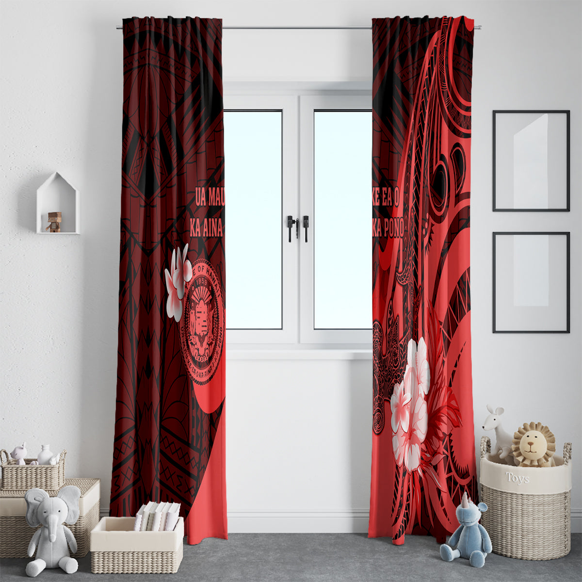 Hawaii State Motto Window Curtain Hawaiian Tribal Red Hammerhead Shark LT05 - Polynesian Pride