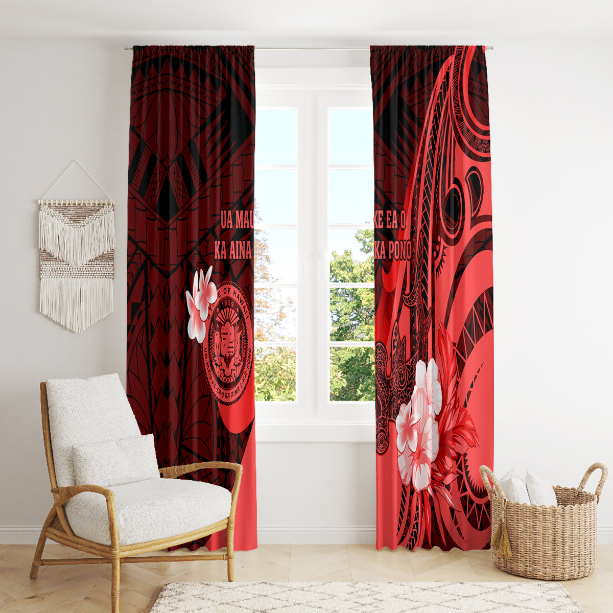 Hawaii State Motto Window Curtain Hawaiian Tribal Red Hammerhead Shark LT05 - Polynesian Pride