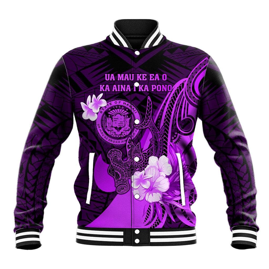 Personalised Hawaii State Motto Baseball Jacket Hawaiian Tribal Purple Hammerhead Shark LT05 Unisex Purple - Polynesian Pride